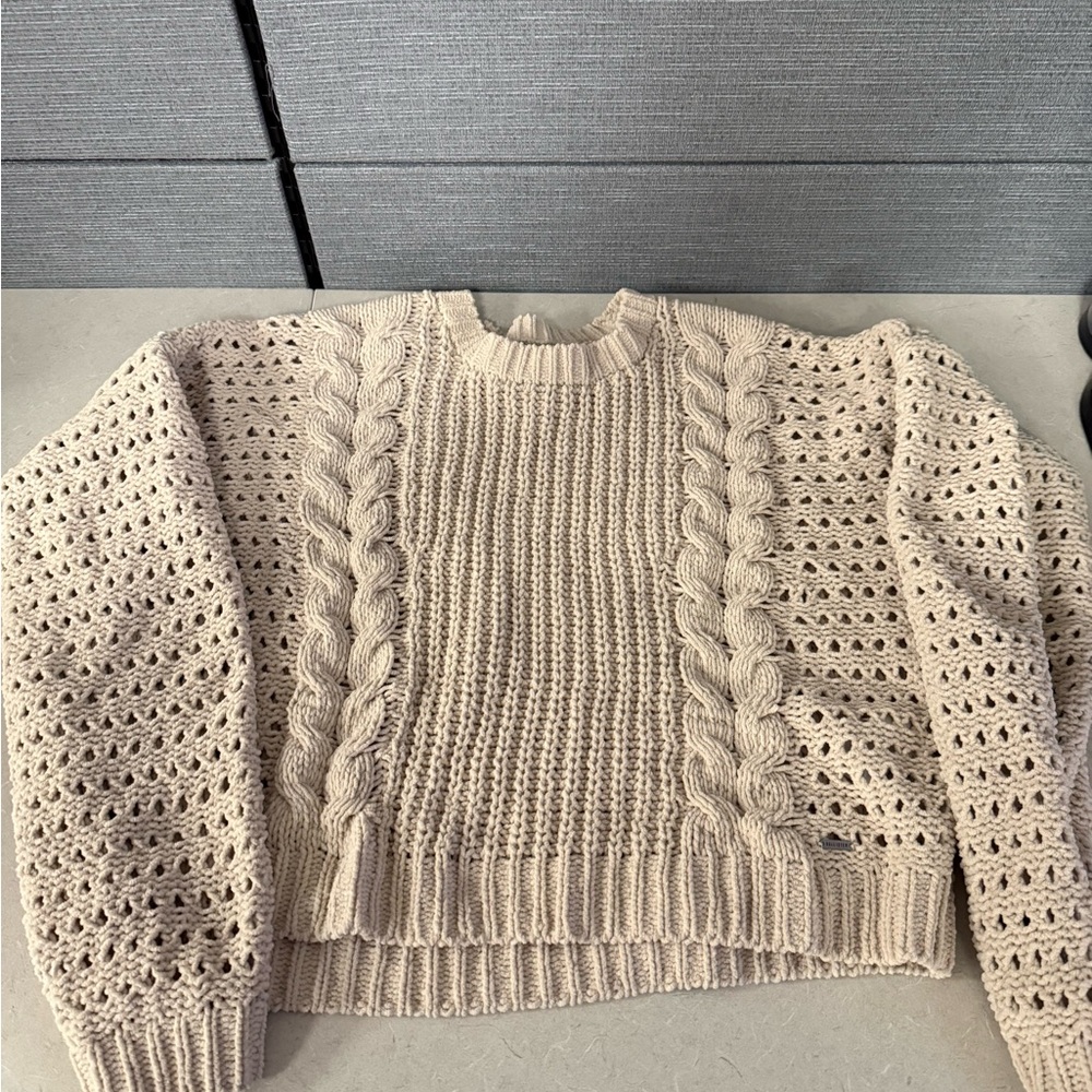 Hollister Beige Cable & Open-Knit Crewneck Sweater